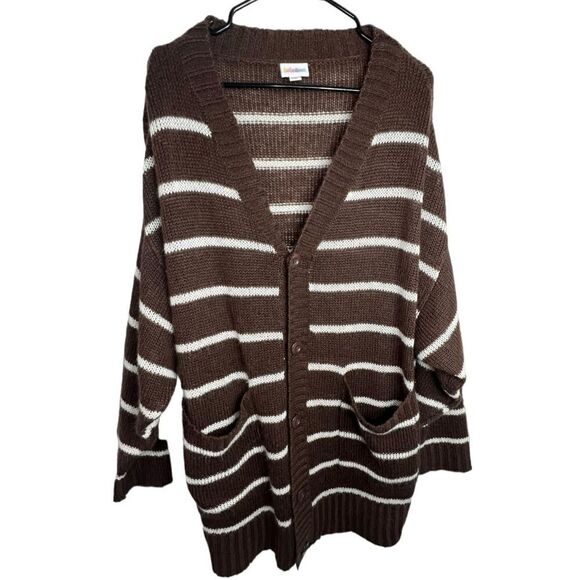 LuLaRoe Brown and White Striped Button Up Cardigan With Pockets - Picture 1 of 4